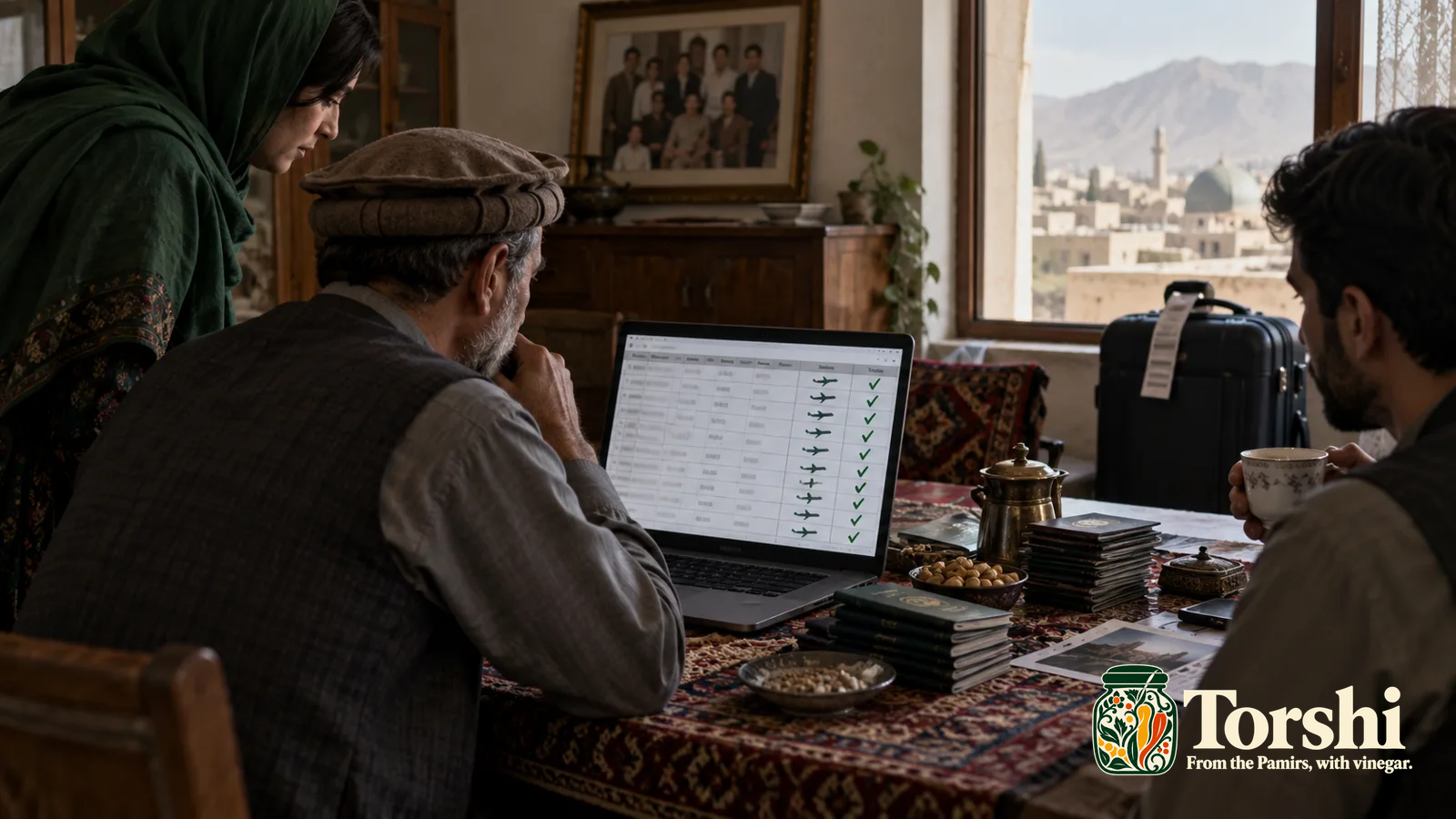 Three adults examine a laptop spreadsheet at a low table with passports and tea, with a suitcase beside the window.