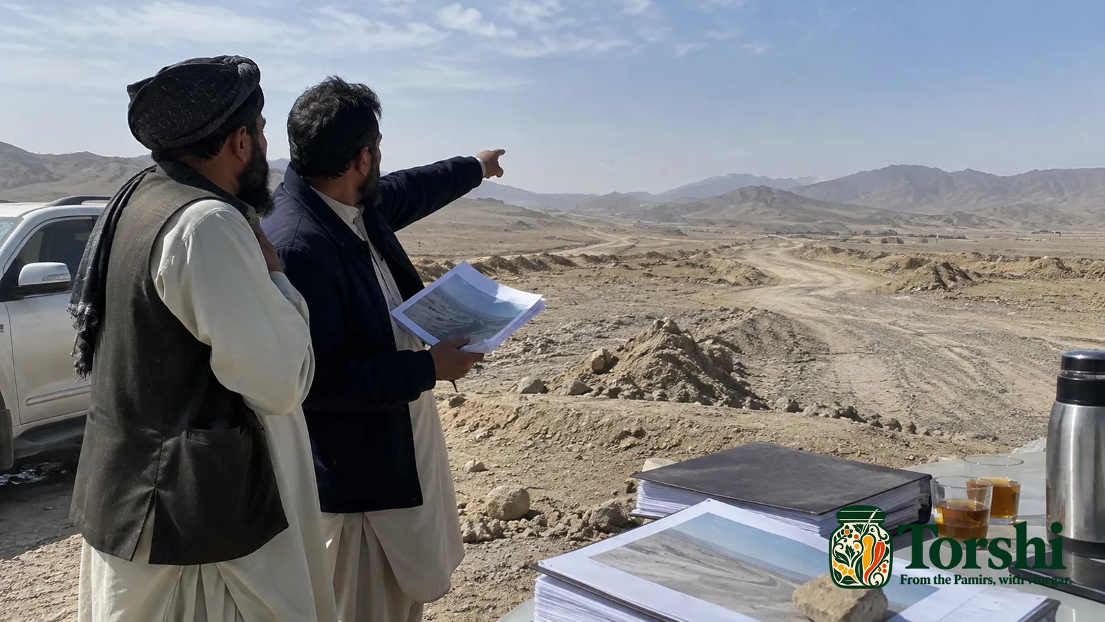 Men holding paperwork stand beside an unfinished road, with one pointing into the distance.