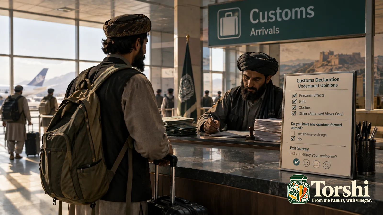 A traveler with luggage faces an officer at an airport customs counter beside an opinion-declaration board.